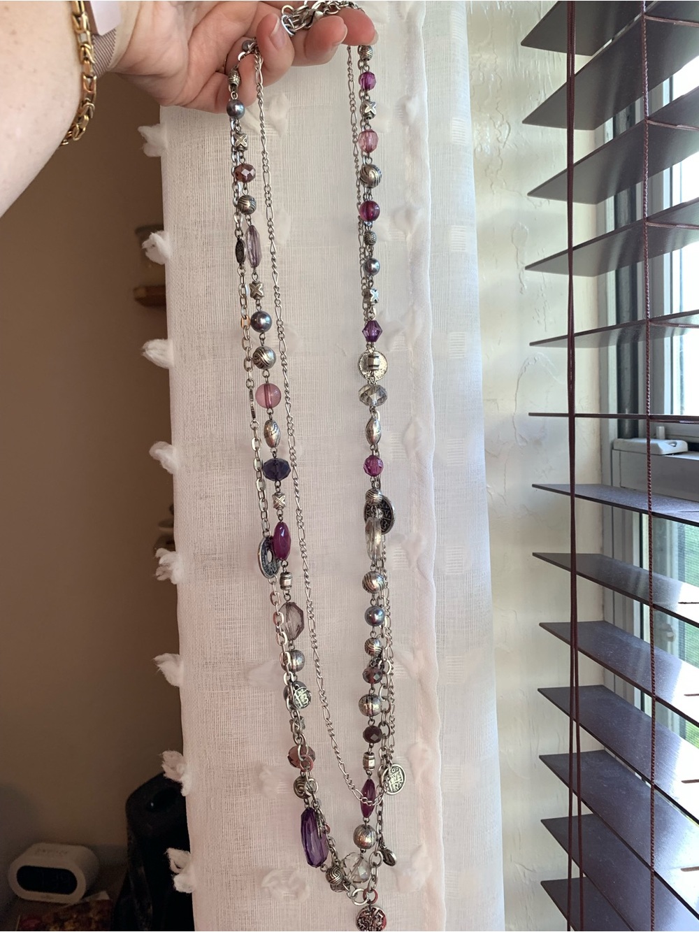 Layered Silver Necklace with Mauve and Purple Beads